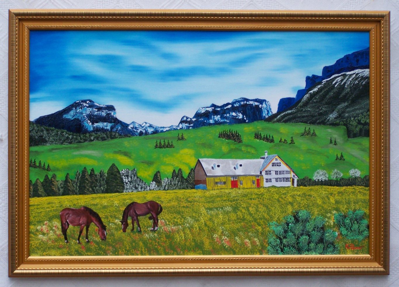Landschaft mit Pferde und Häuschen